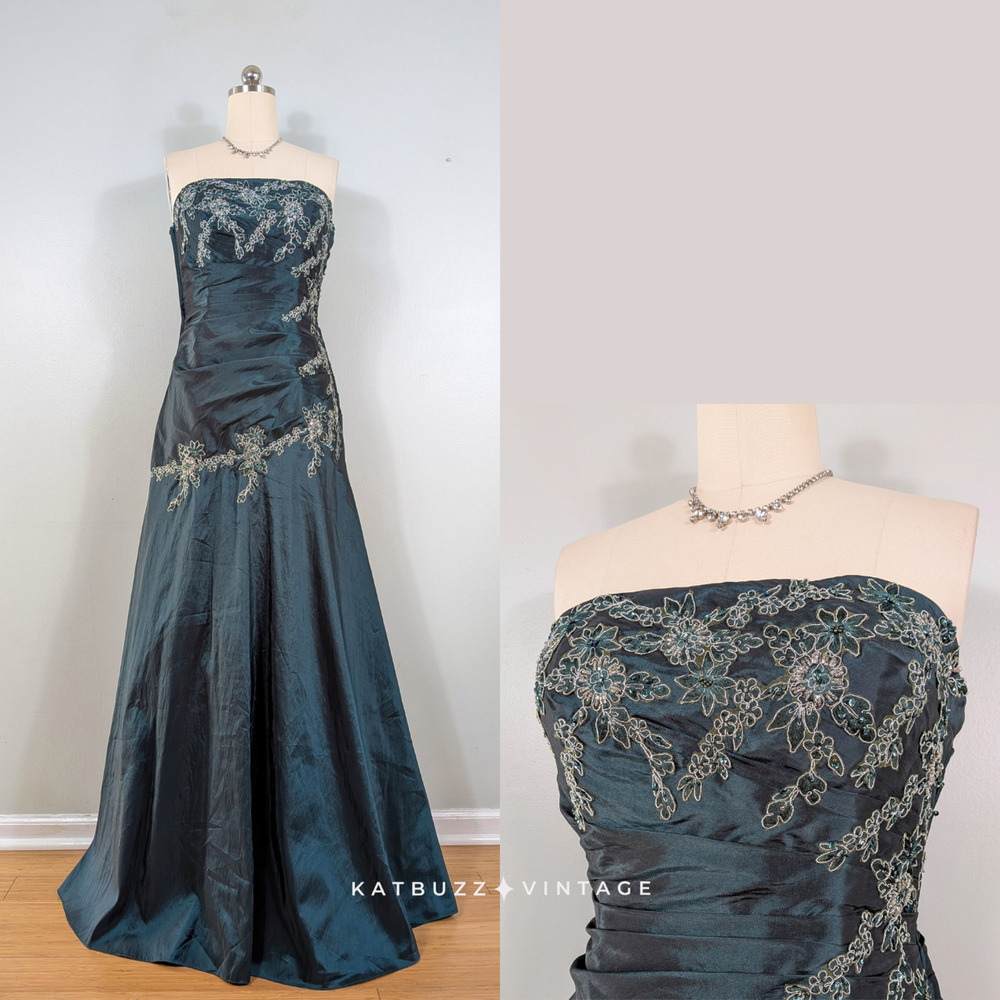 Y2K Prom Dress Maxi Gown L Green Strapless Floral Bead Mermaid Glam Classic Ball